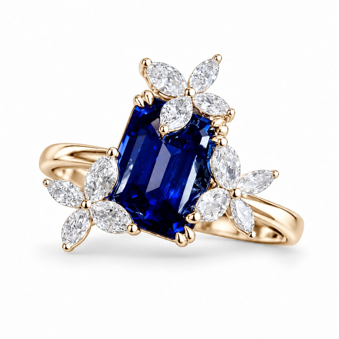 The Jardin — Emerald-Cut Sapphire Floral Ring in 14K yellow gold, front view