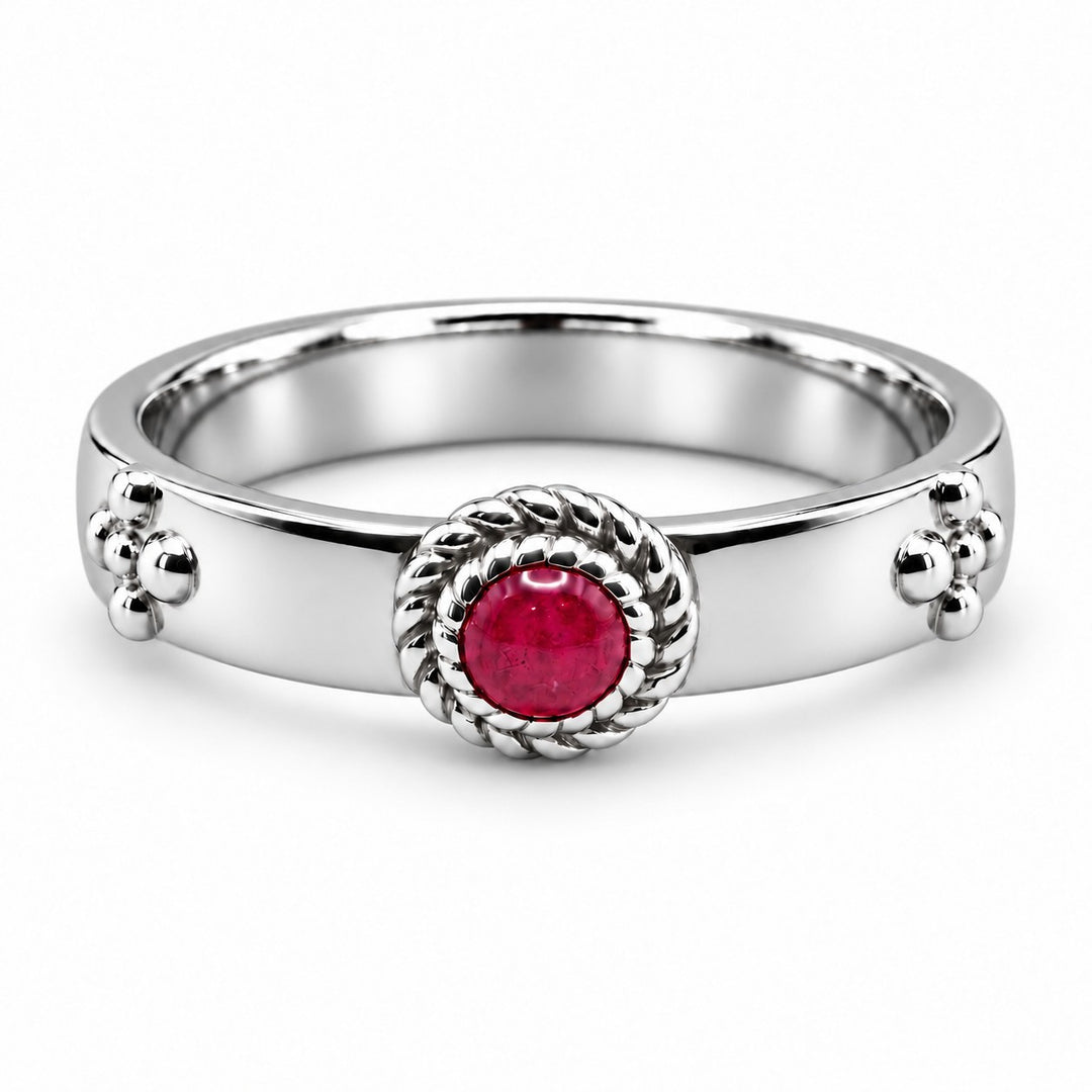 "Calcifer’s Bond" - Ruby/Sapphire Band, 3.5mm in platinum, ruby, front view