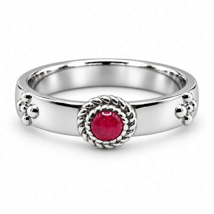 "Calcifer’s Bond" - Ruby/Sapphire Band, 3.5mm in platinum, ruby, front view