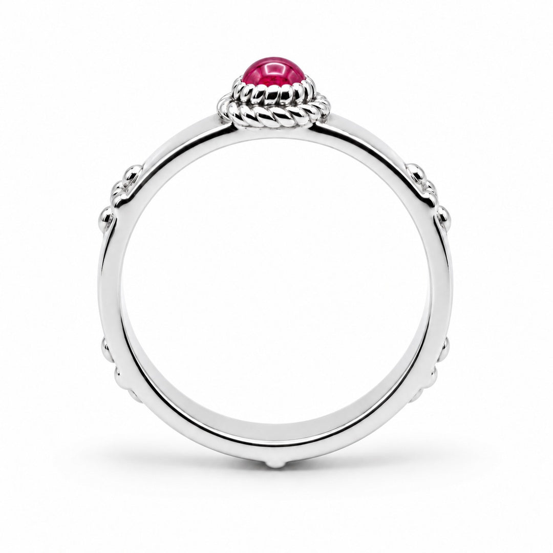 Calcifer’s Bond — Ruby/Sapphire Band, 3.5mm in platinum, ruby, profile view