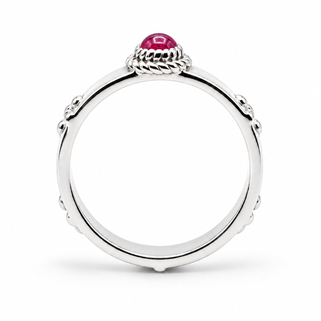 Calcifer’s Bond — Ruby/Sapphire Band, 3.5mm in sterling silver, ruby, profile view