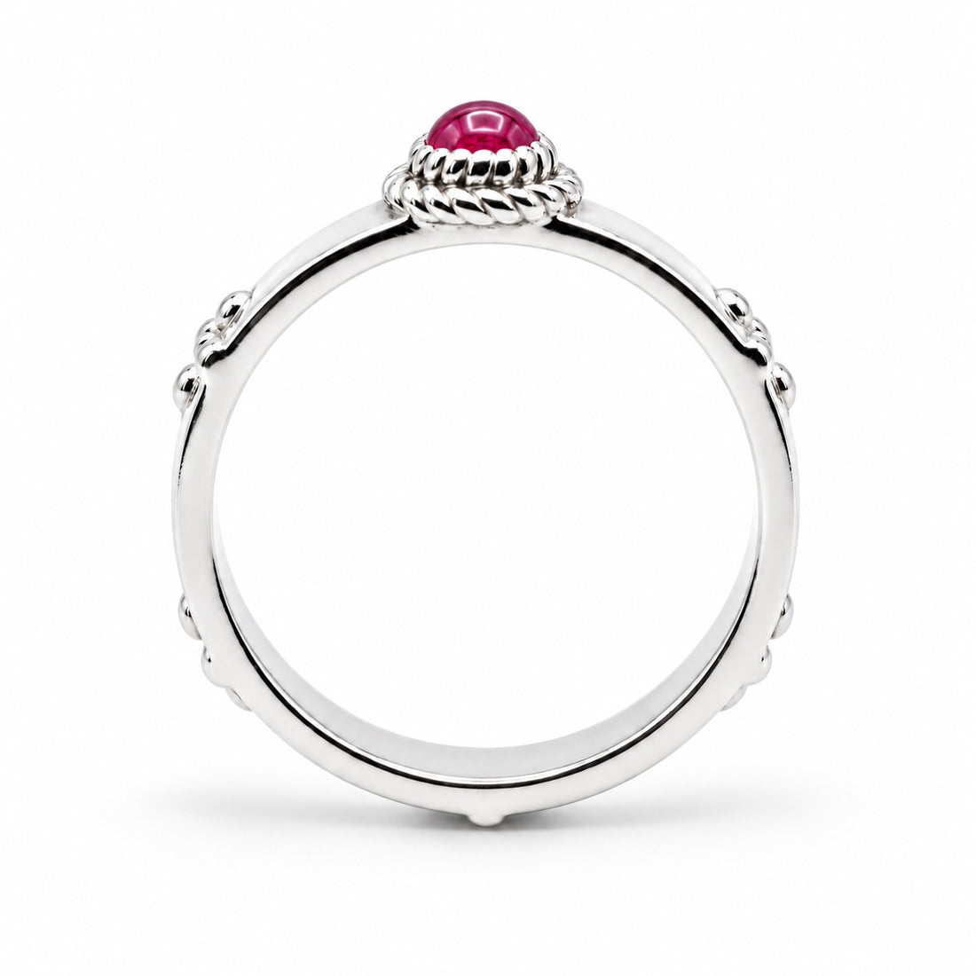 Calcifer’s Bond — Ruby/Sapphire Band, 3.5mm in sterling silver, ruby, profile view