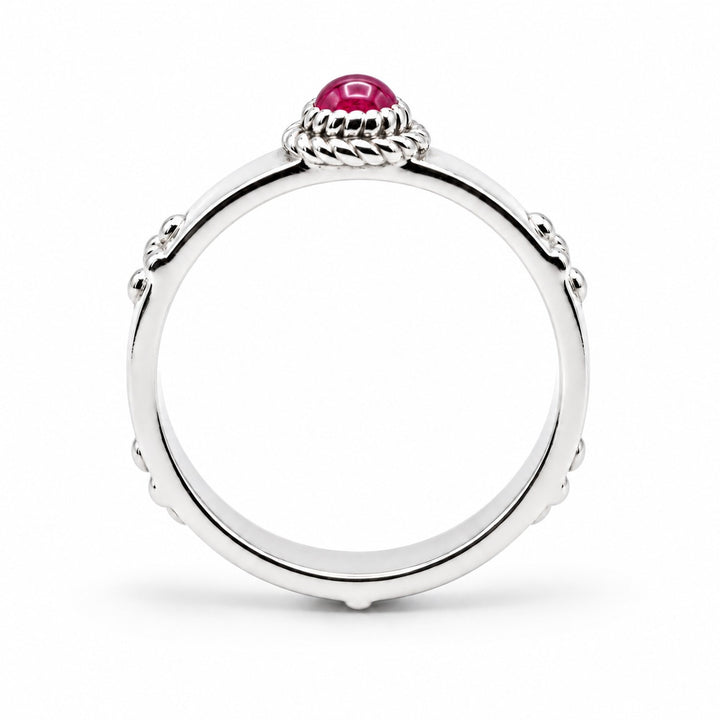 Calcifer’s Bond — Ruby/Sapphire Band, 3.5mm in sterling silver, ruby, profile view