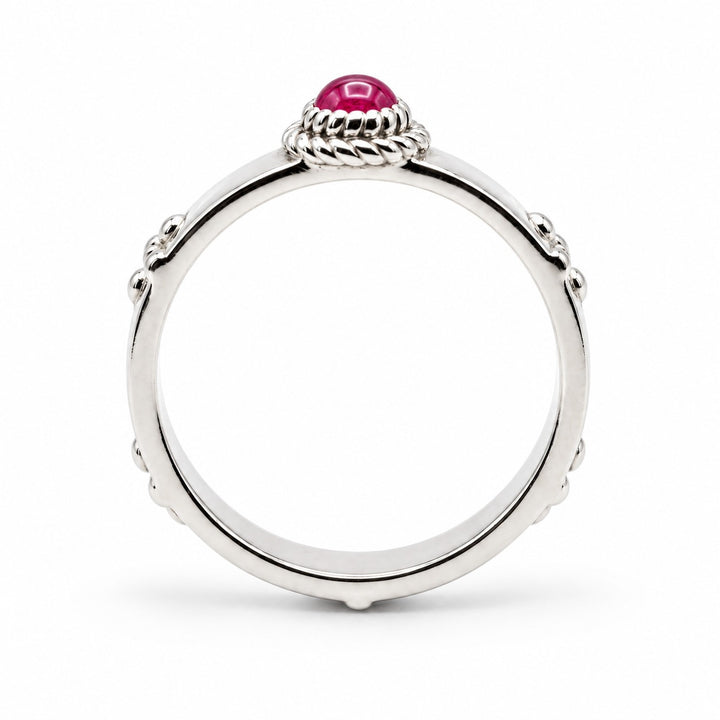 Calcifer’s Bond — Ruby/Sapphire Band, 3.5mm in 14K white gold, ruby, profile view