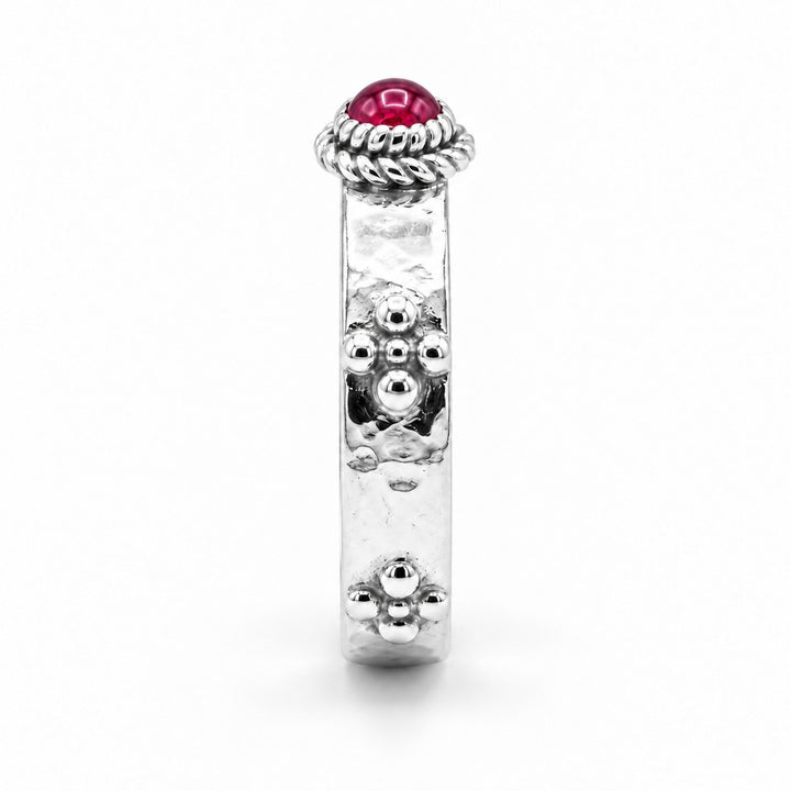 Calcifer’s Bond — Ruby/Sapphire Band, 3.5mm in platinum, ruby, side view