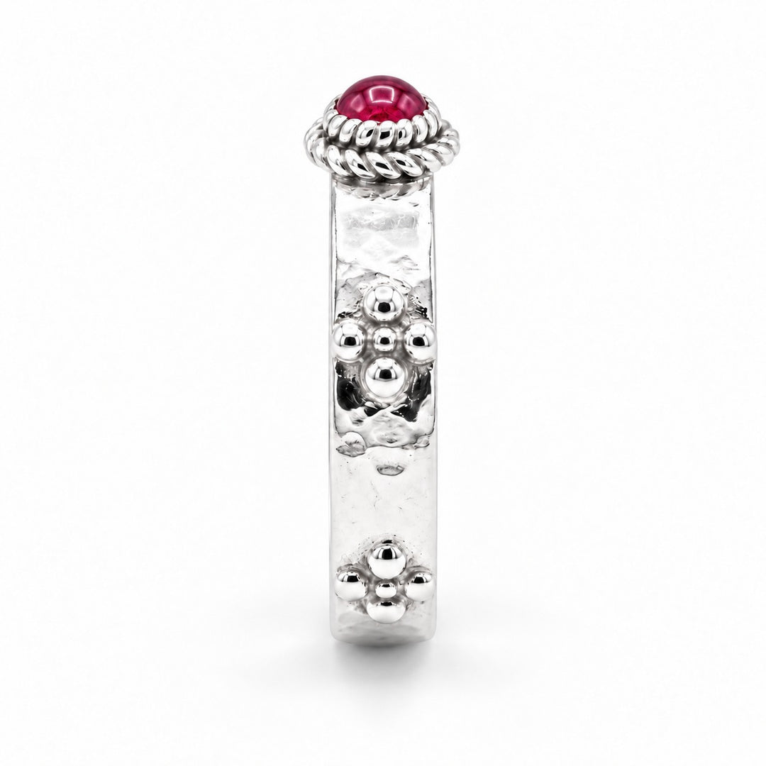 Calcifer’s Bond — Ruby/Sapphire Band, 3.5mm in sterling silver, ruby, side view