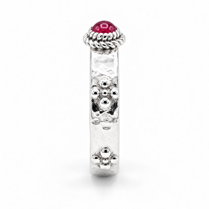 Calcifer’s Bond — Ruby/Sapphire Band, 3.5mm in sterling silver, ruby, side view