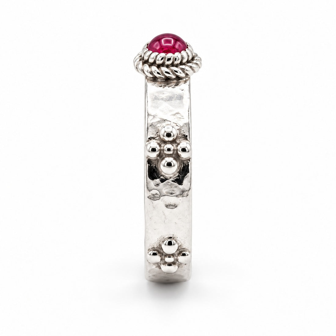 Calcifer’s Bond — Ruby/Sapphire Band, 3.5mm in 14K white gold, ruby, side view