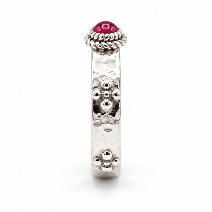 Calcifer’s Bond — Ruby/Sapphire Band, 3.5mm in 14K white gold, ruby, side view