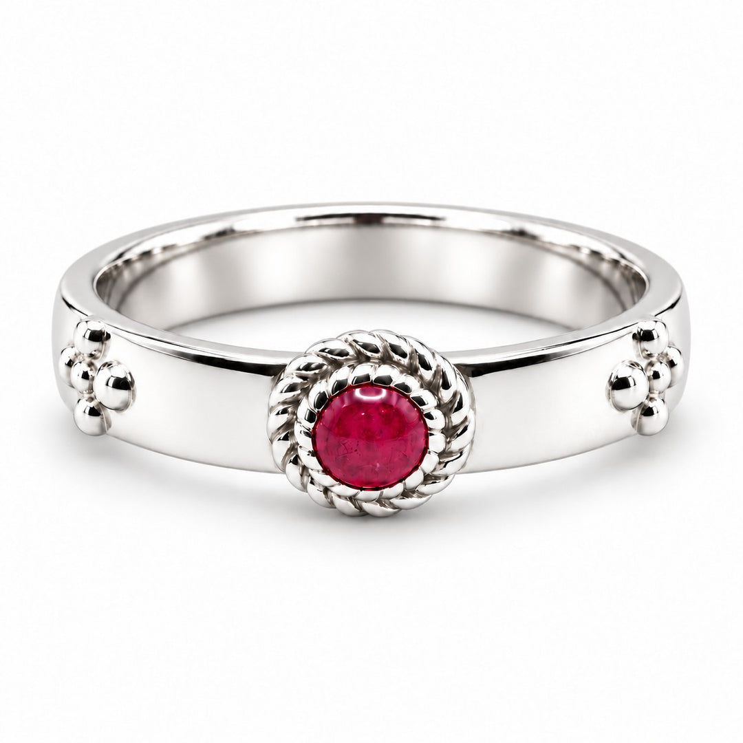 "Calcifer’s Bond" - Ruby/Sapphire Band, 3.5mm in sterling silver, ruby, front view