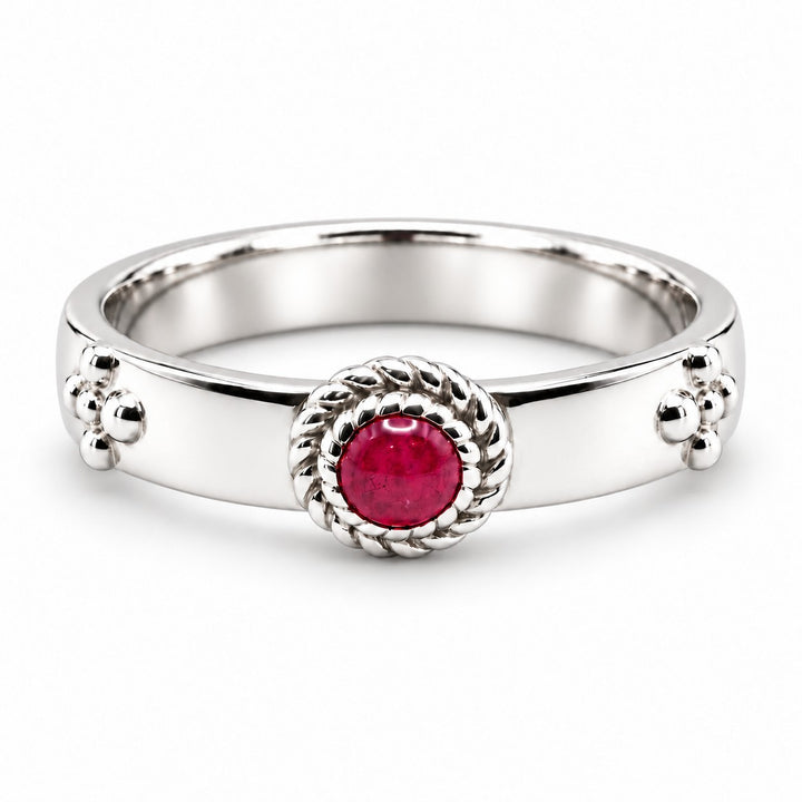 "Calcifer’s Bond" - Ruby/Sapphire Band, 3.5mm in sterling silver, ruby, front view