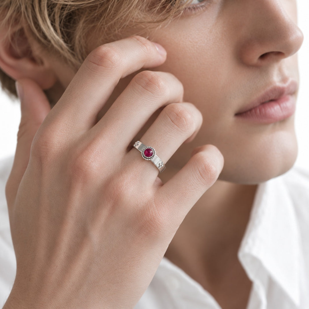 Calcifer’s Bond — Ruby/Sapphire Band, 3.5mm in 14K white gold, ruby, worn on hand