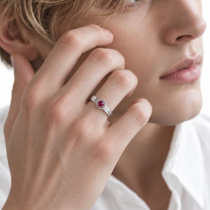 Calcifer’s Bond — Ruby/Sapphire Band, 3.5mm in 14K white gold, ruby, worn on hand