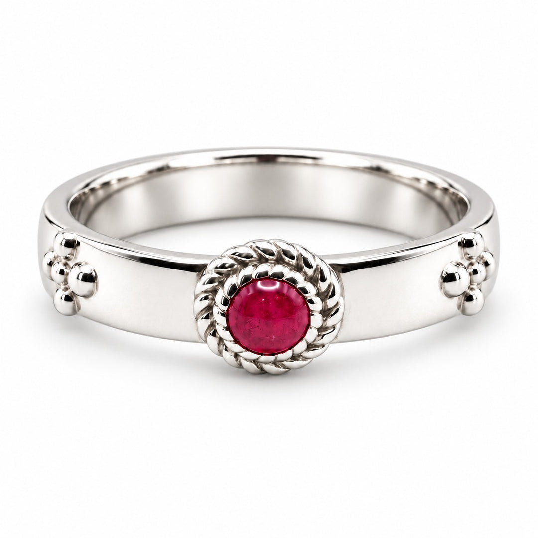 "Calcifer’s Bond" - Ruby/Sapphire Band, 3.5mm in 14K white gold, ruby, front view