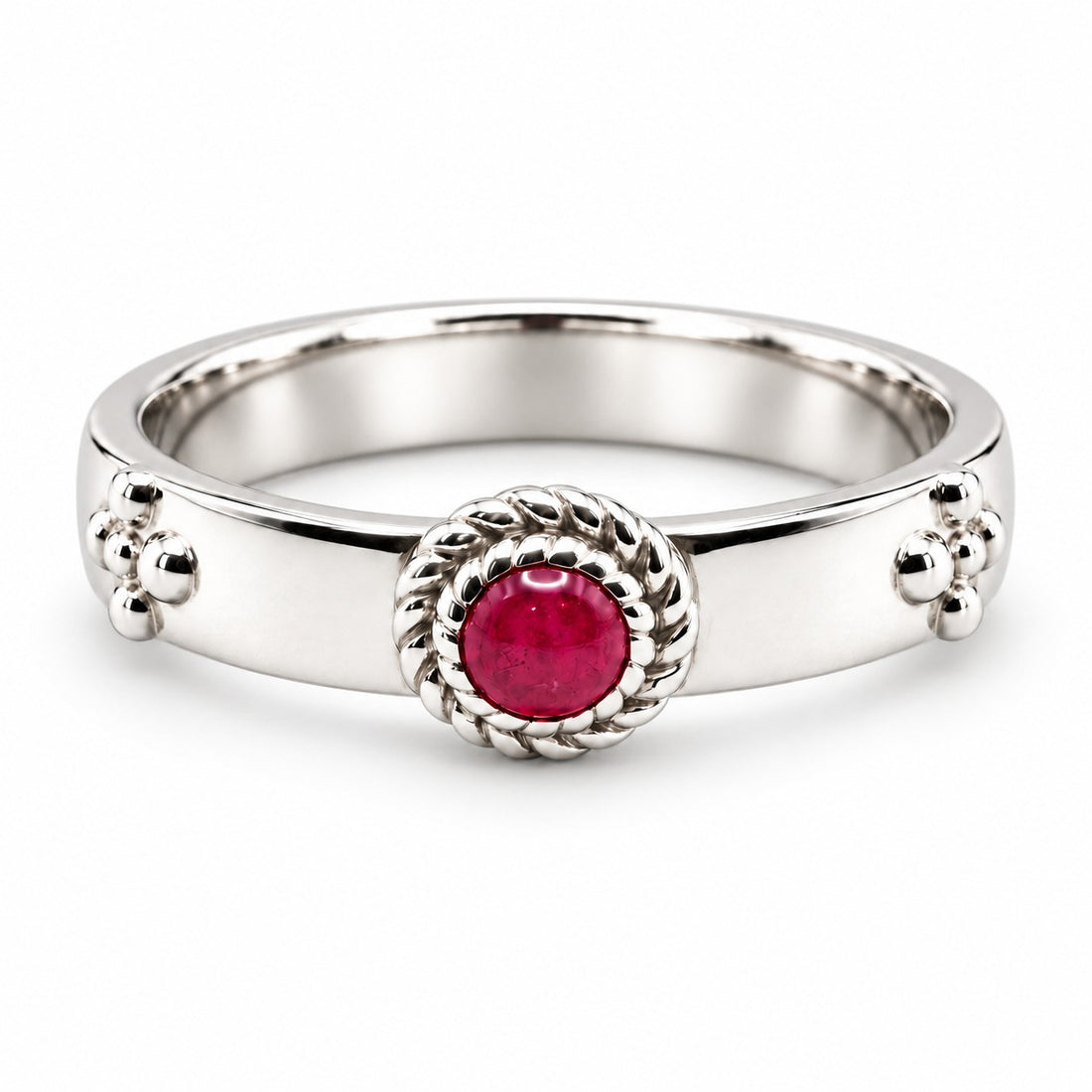 "Calcifer’s Bond" - Ruby/Sapphire Band, 3.5mm in 14K white gold, ruby, front view