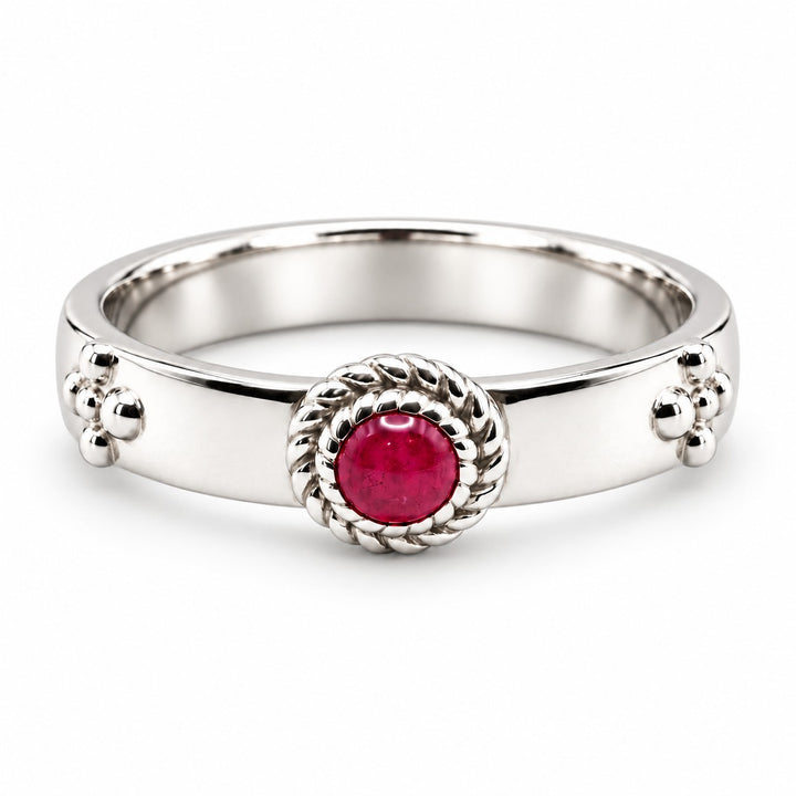 "Calcifer’s Bond" - Ruby/Sapphire Band, 3.5mm in 14K white gold, ruby, front view