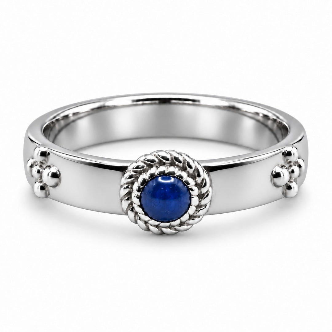 "Calcifer’s Bond" - Ruby/Sapphire Band, 3.5mm in platinum, sapphire, front view