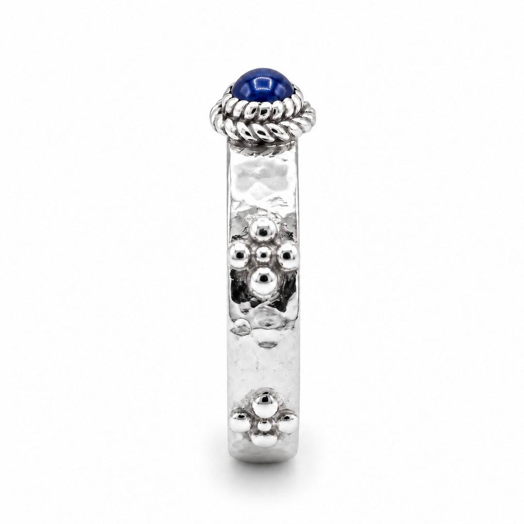 Calcifer’s Bond — Ruby/Sapphire Band, 3.5mm in platinum, sapphire, side view