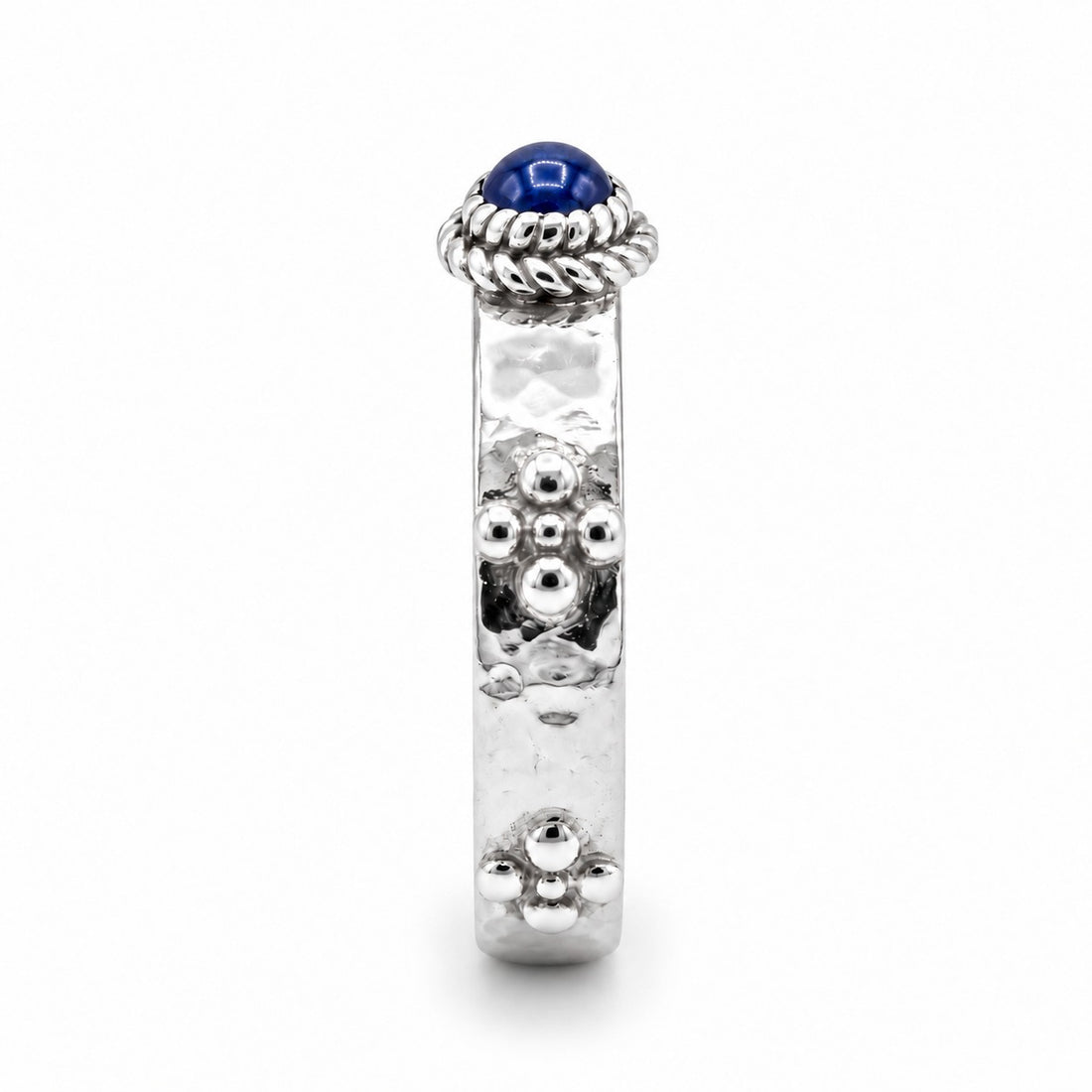Calcifer’s Bond — Ruby/Sapphire Band, 3.5mm in platinum, sapphire, side view