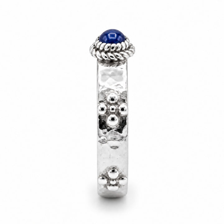 Calcifer’s Bond — Ruby/Sapphire Band, 3.5mm in platinum, sapphire, side view