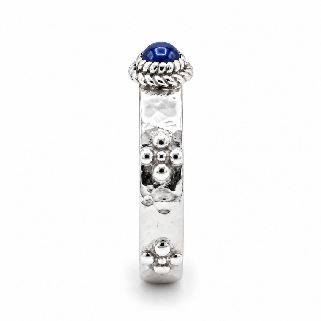 Calcifer’s Bond — Ruby/Sapphire Band, 3.5mm in sterling silver, sapphire, side view
