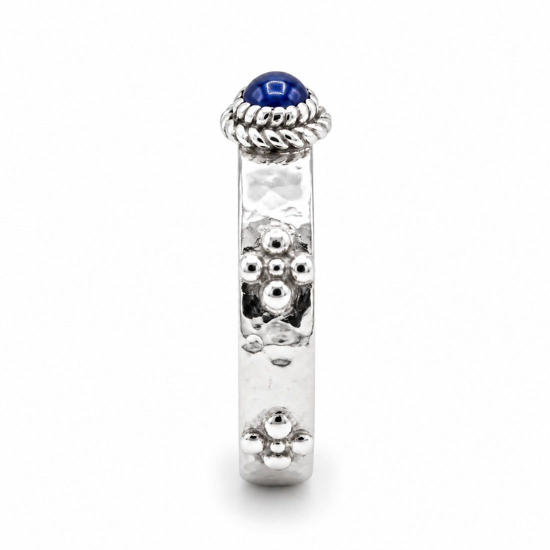 Calcifer’s Bond — Ruby/Sapphire Band, 3.5mm in sterling silver, sapphire, side view