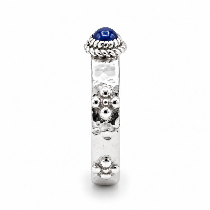 Calcifer’s Bond — Ruby/Sapphire Band, 3.5mm in sterling silver, sapphire, side view