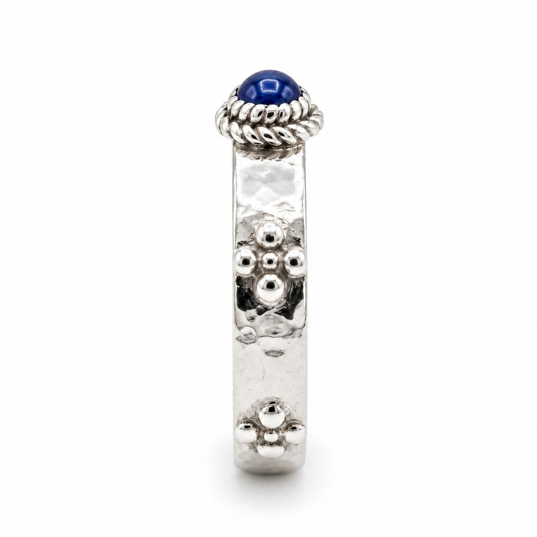 Calcifer’s Bond — Ruby/Sapphire Band, 3.5mm in 14K white gold, sapphire, side view