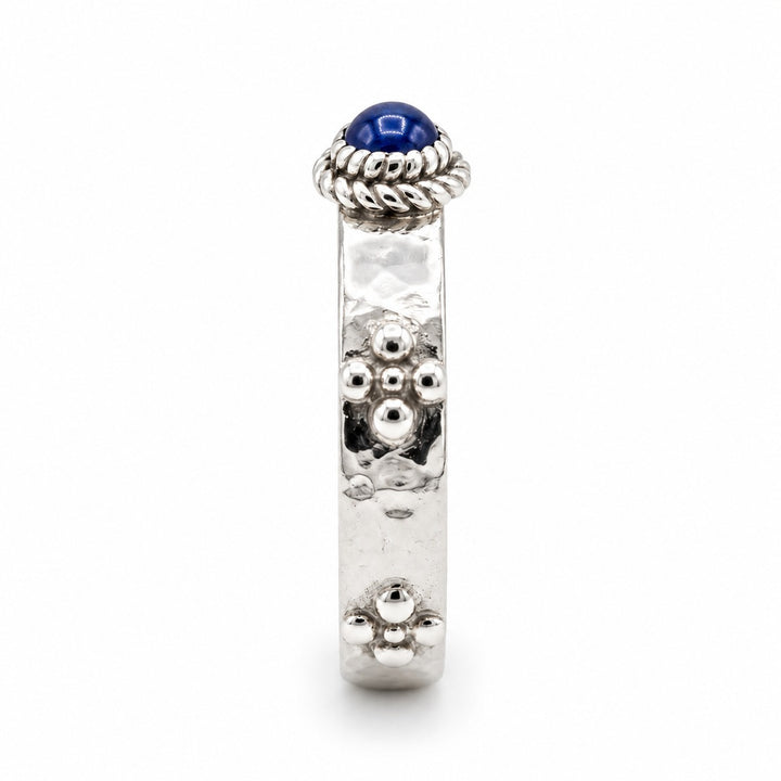 Calcifer’s Bond — Ruby/Sapphire Band, 3.5mm in 14K white gold, sapphire, side view