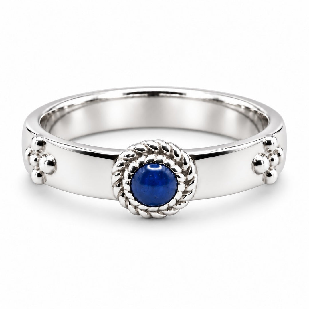 "Calcifer’s Bond" - Ruby/Sapphire Band, 3.5mm in sterling silver, sapphire, front view