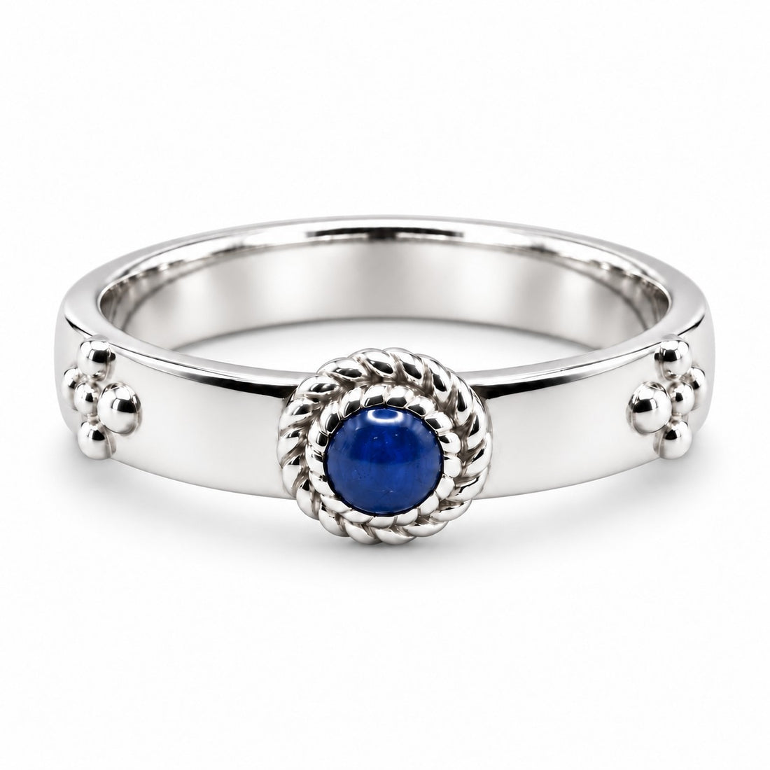 "Calcifer’s Bond" - Ruby/Sapphire Band, 3.5mm in sterling silver, sapphire, front view
