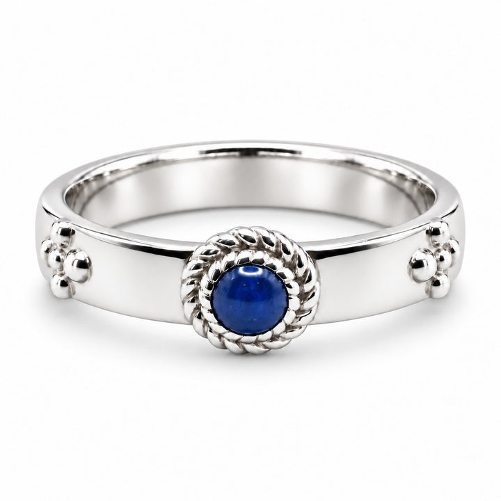 "Calcifer’s Bond" - Ruby/Sapphire Band, 3.5mm in sterling silver, sapphire, front view