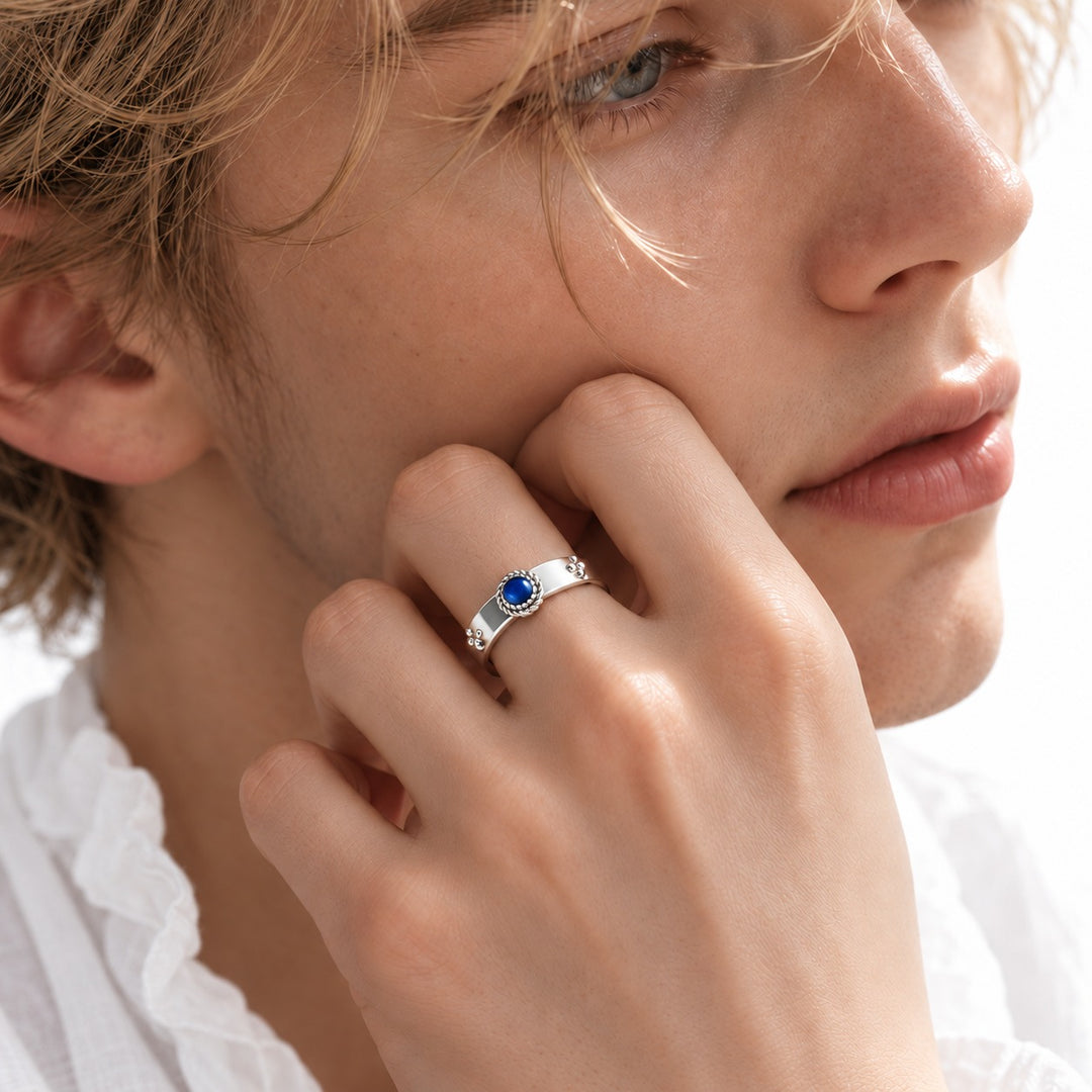 Calcifer’s Bond — Ruby/Sapphire Band, 3.5mm in sterling silver, sapphire, worn on hand