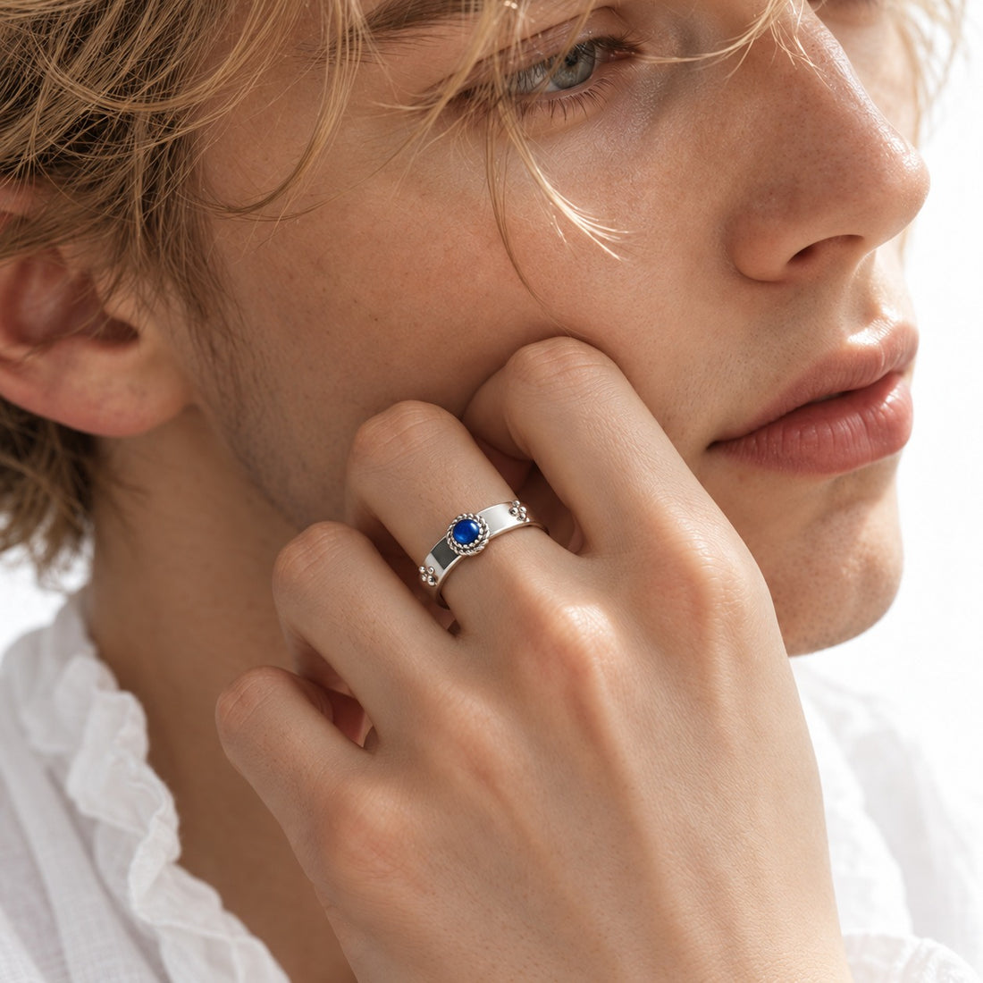 Calcifer’s Bond — Ruby/Sapphire Band, 3.5mm in 14K white gold, sapphire, worn on hand