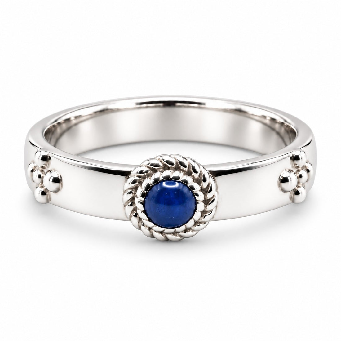 "Calcifer’s Bond" - Ruby/Sapphire Band, 3.5mm in 14K white gold, sapphire, front view