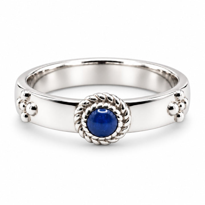 "Calcifer’s Bond" - Ruby/Sapphire Band, 3.5mm in 14K white gold, sapphire, front view
