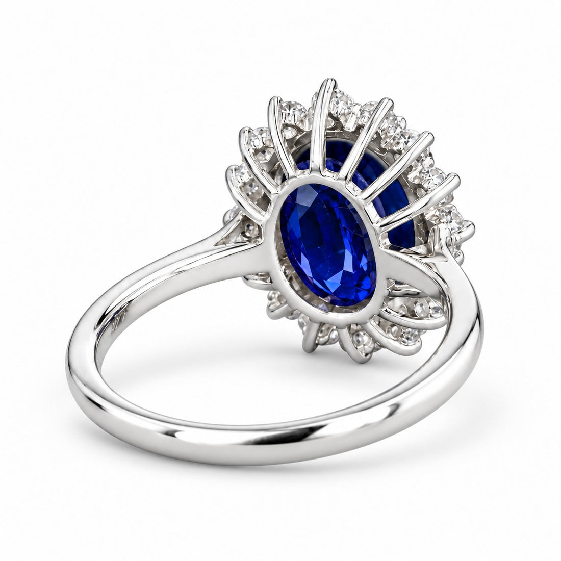 The Diana Royale — Royal Blue Sapphire Diamond Halo Ring in 14K white gold, back view
