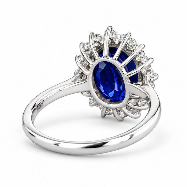 The Diana Royale — Royal Blue Sapphire Diamond Halo Ring in 14K white gold, back view