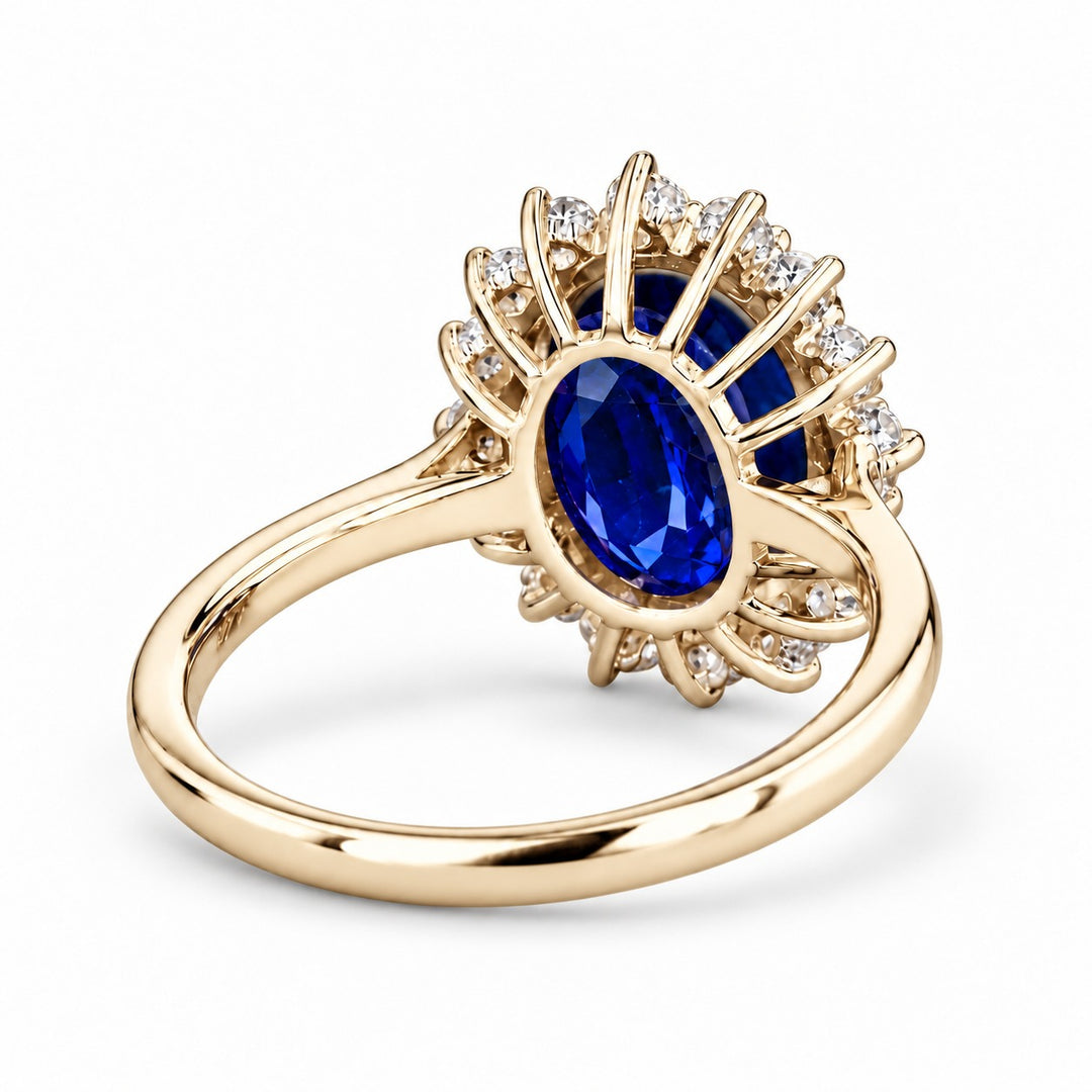 The Diana Royale — Royal Blue Sapphire Diamond Halo Ring in 14K yellow gold, back view