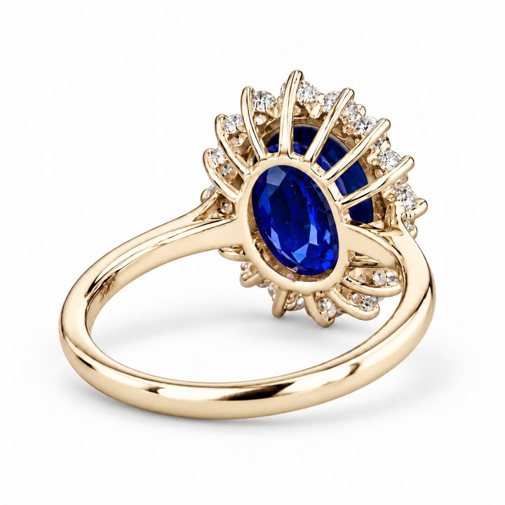 The Diana Royale — Royal Blue Sapphire Diamond Halo Ring in 14K yellow gold, back view