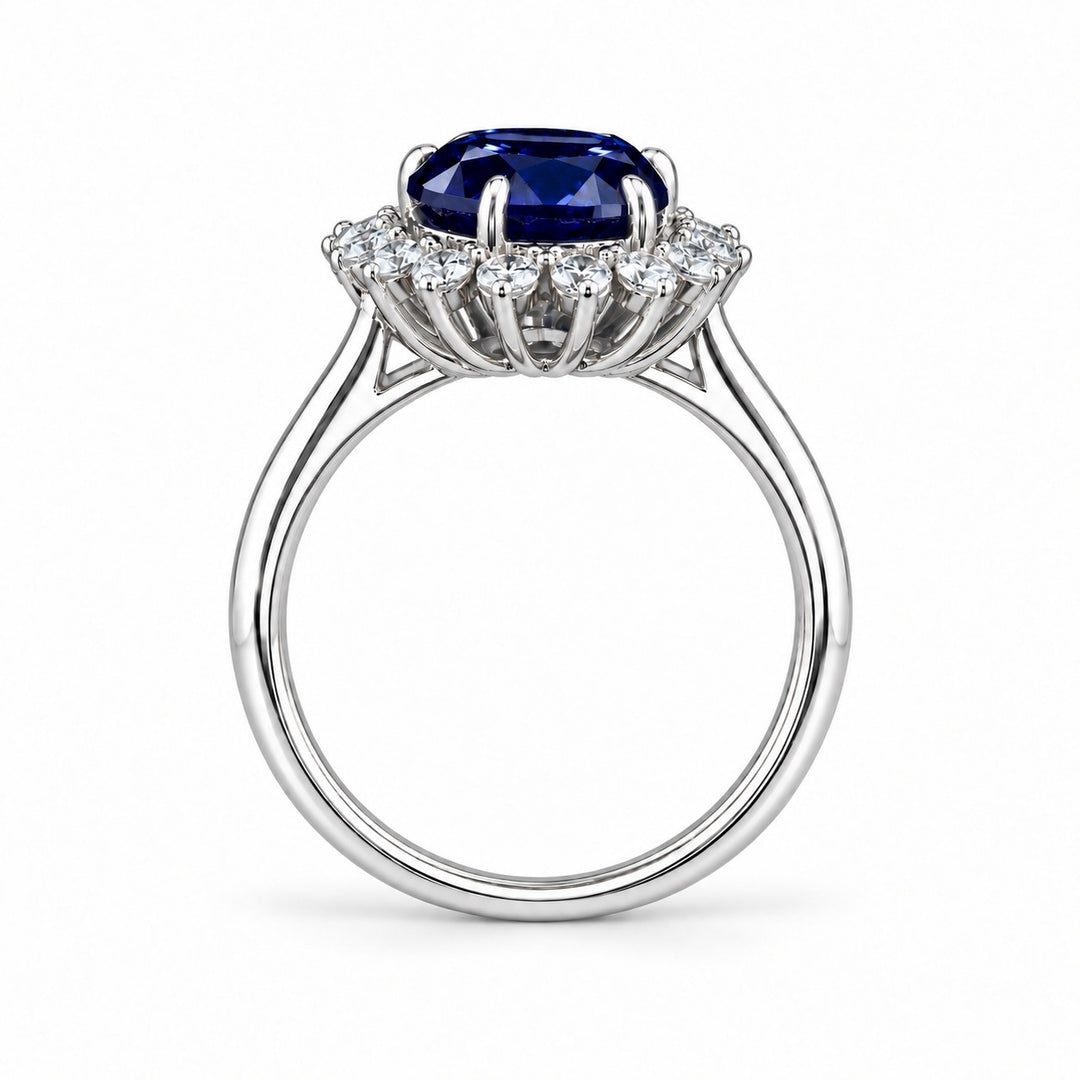 The Diana Royale — Royal Blue Sapphire Diamond Halo Ring in platinum, profile view