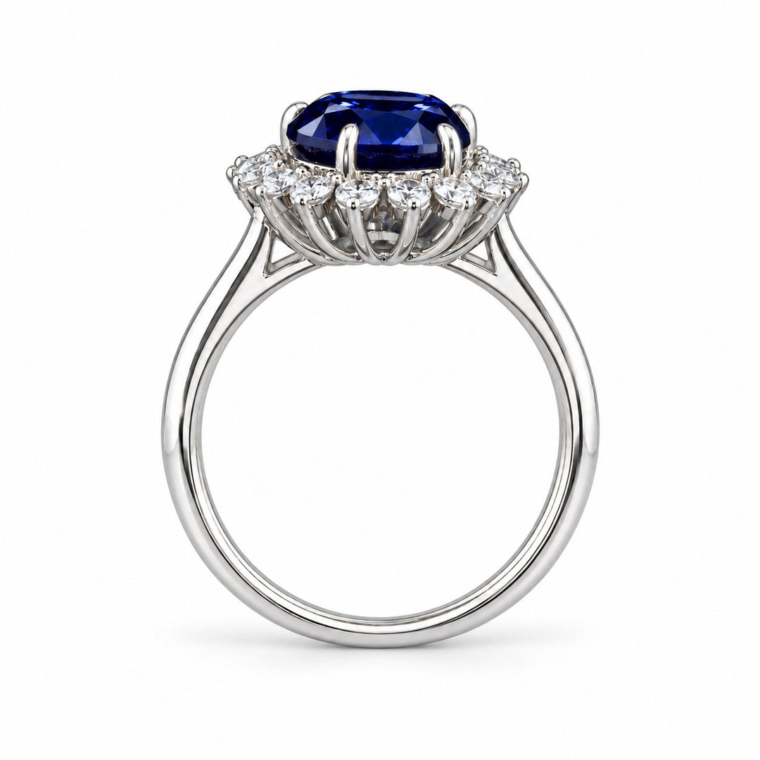The Diana Royale — Royal Blue Sapphire Diamond Halo Ring in 14K white gold, profile view