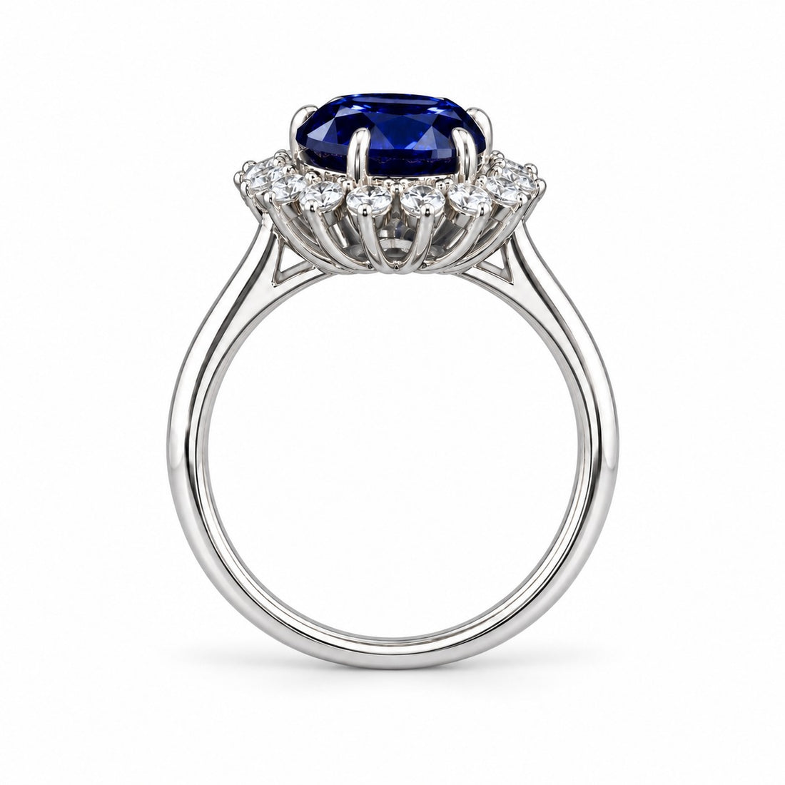 The Diana Royale — Royal Blue Sapphire Diamond Halo Ring in 14K white gold, profile view