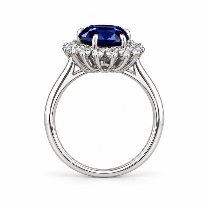 The Diana Royale — Royal Blue Sapphire Diamond Halo Ring in 14K white gold, profile view