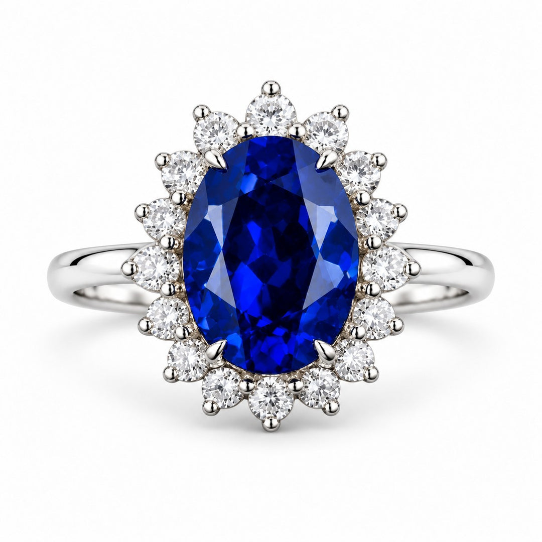 The Diana Royale — Royal Blue Sapphire Diamond Halo Ring in 14K white gold, front view