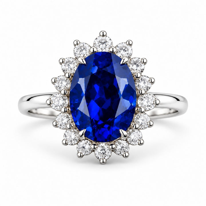 The Diana Royale — Royal Blue Sapphire Diamond Halo Ring in 14K white gold, front view