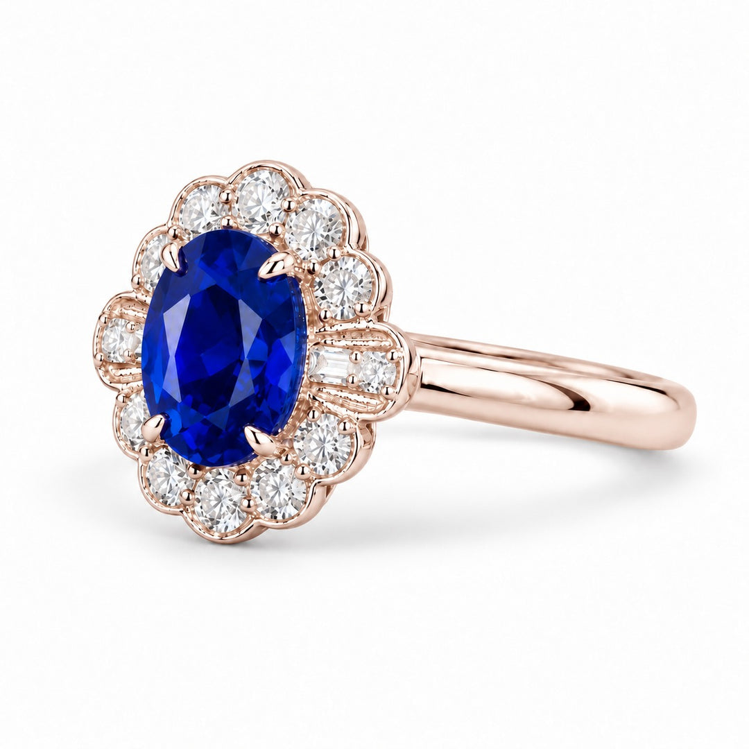 The Marielle — Petite Sapphire Halo Ring in 14K rose gold, angled view