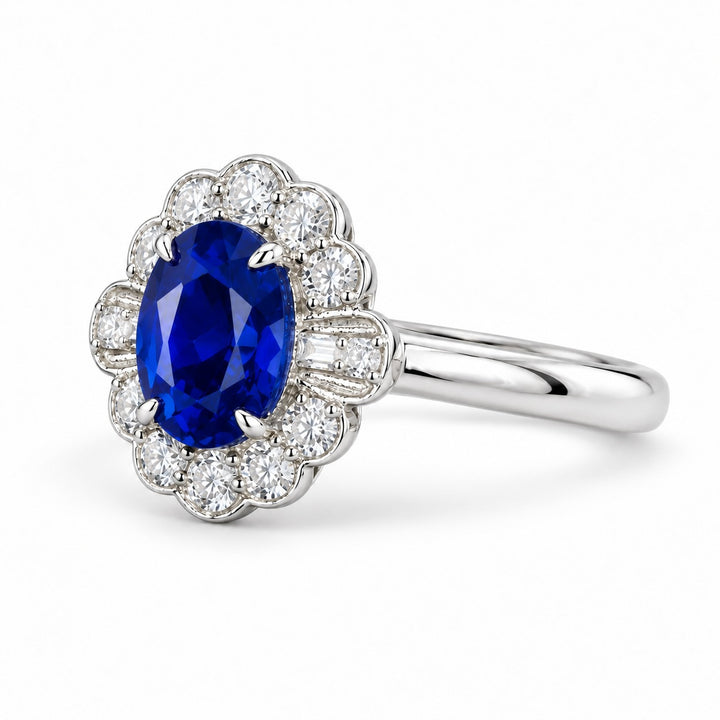 The Marielle — Petite Sapphire Halo Ring in 14K white gold, angled view