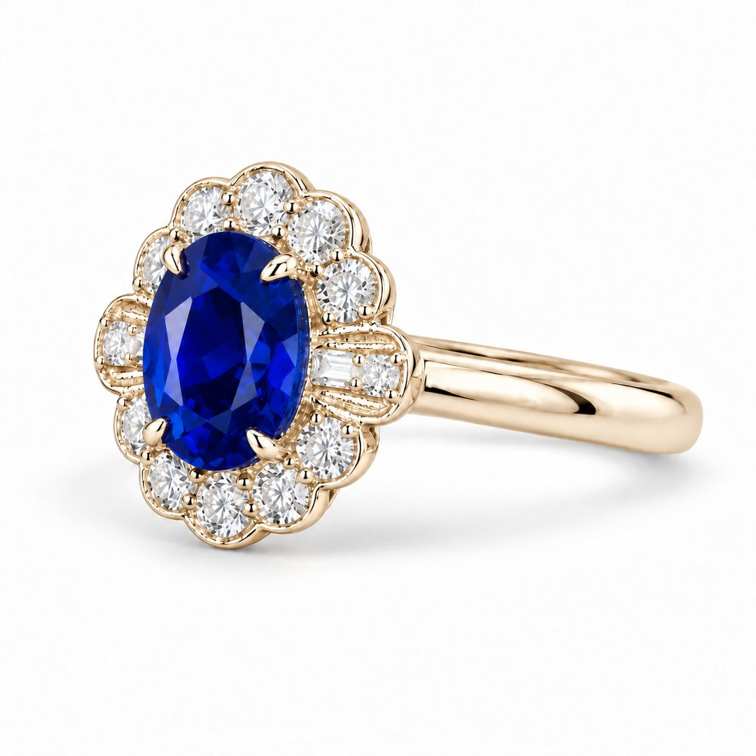 The Marielle — Petite Sapphire Halo Ring in 14K yellow gold, angled view