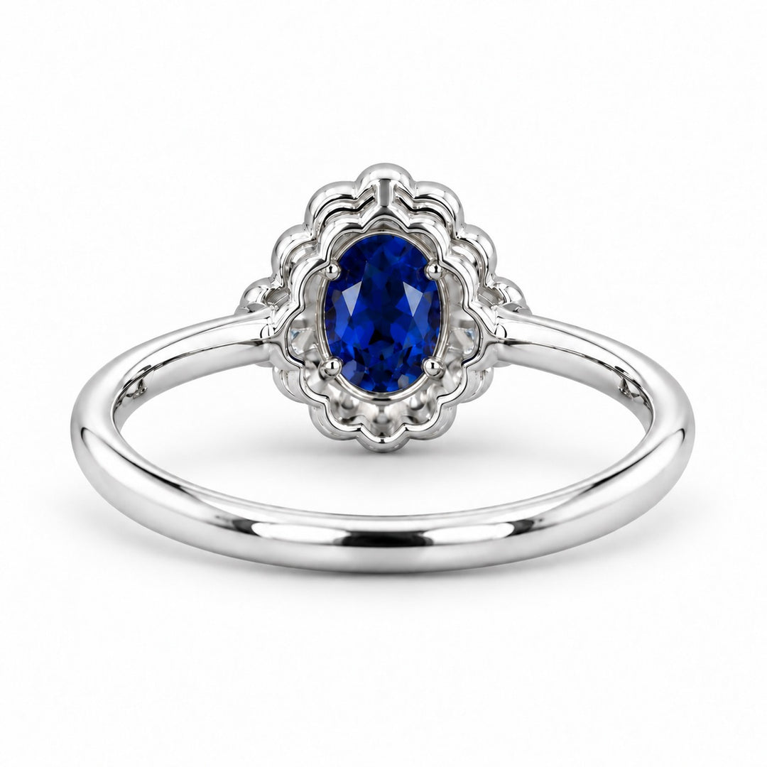 The Marielle — Petite Sapphire Halo Ring in platinum, back view